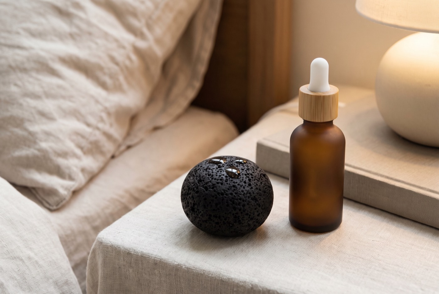 A round volcanic stone with three drops of oil beside the bottle, on a bedside table